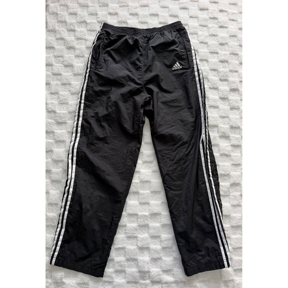 VTG- Y2K Adidas Tearaway Track Pants Mens M Black 3 Stripe Snap Nylon Lined EUC
